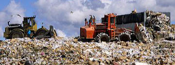 A large dumpster unloads trash while bulldozers move it at a sanitary landfill in Boise, Idaho. dumpster, sanitary landfill, landfill, dump, trash, garbage, boise, idaho, unload, bulldozer, machine, bird, seagull, gull, scavenger