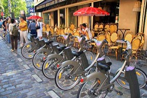 Bicycle kiosk, part of the Velib,  bike transit system in Paris, France. 