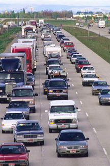 Traffic jam on Interstate 84 in Boise, Idaho. traffic, jam, interstate, highway, road, cars, automobiles, drive, commute, transportation, freeway, expressway
