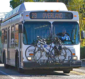 Public city bus with a front bicycle rack in Boise, Idaho, USA.