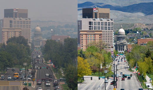 Smoke from forest fires in the Northwest portion of the USA has settled on the capitol city of Boise, Idaho Thursday August 20  (left).  The unhealthy air covers the entire state, prompting 